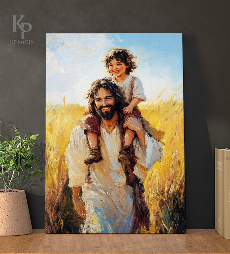 Jesus With Child on Shoulders Canvas, Joyful Christian Art, Jesus and ...