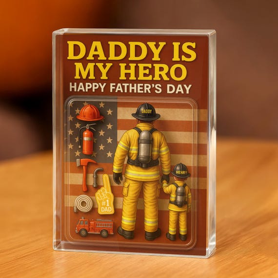 Custom Figure Firefighter Dad Personalized Acrylic Block Plaque