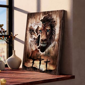 Jesus  Lion of Judah Canvas – Christian Wall Art – Faith Strength Decor – Religious Inspirational Artwork – Cross Prayer Nb 0137
