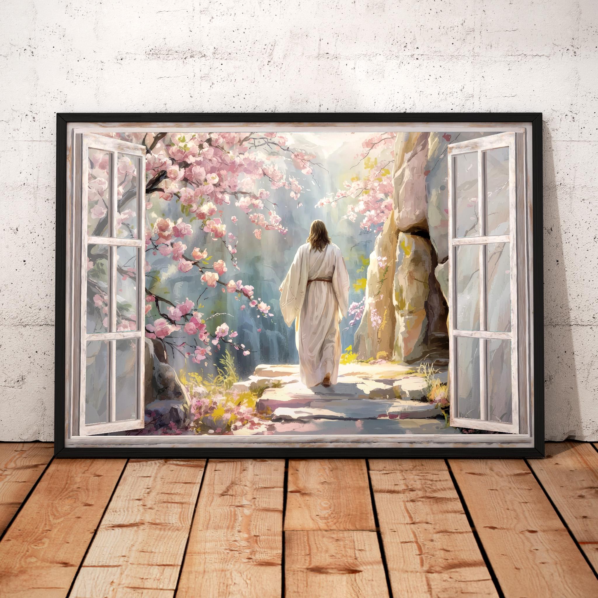 Jesus Resurrection Canvas, He is Risen Wall Art With Cherry Blossoms ...