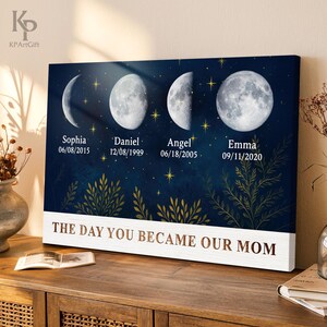 Family Moon Phase Canvas, The Day You Became Our Mom Starry Sky, Leaves and Stars Night Sky, Mother&#39;s Day Gift for Mom, Lunar Gift Nb 0357