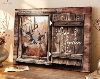Rustic Deer Couple Canvas, Personalized Farmhouse, Custom Hunting Cabin Sign for Couples, Gift for Wife Husband, Wedding Anniversary Nb 0158