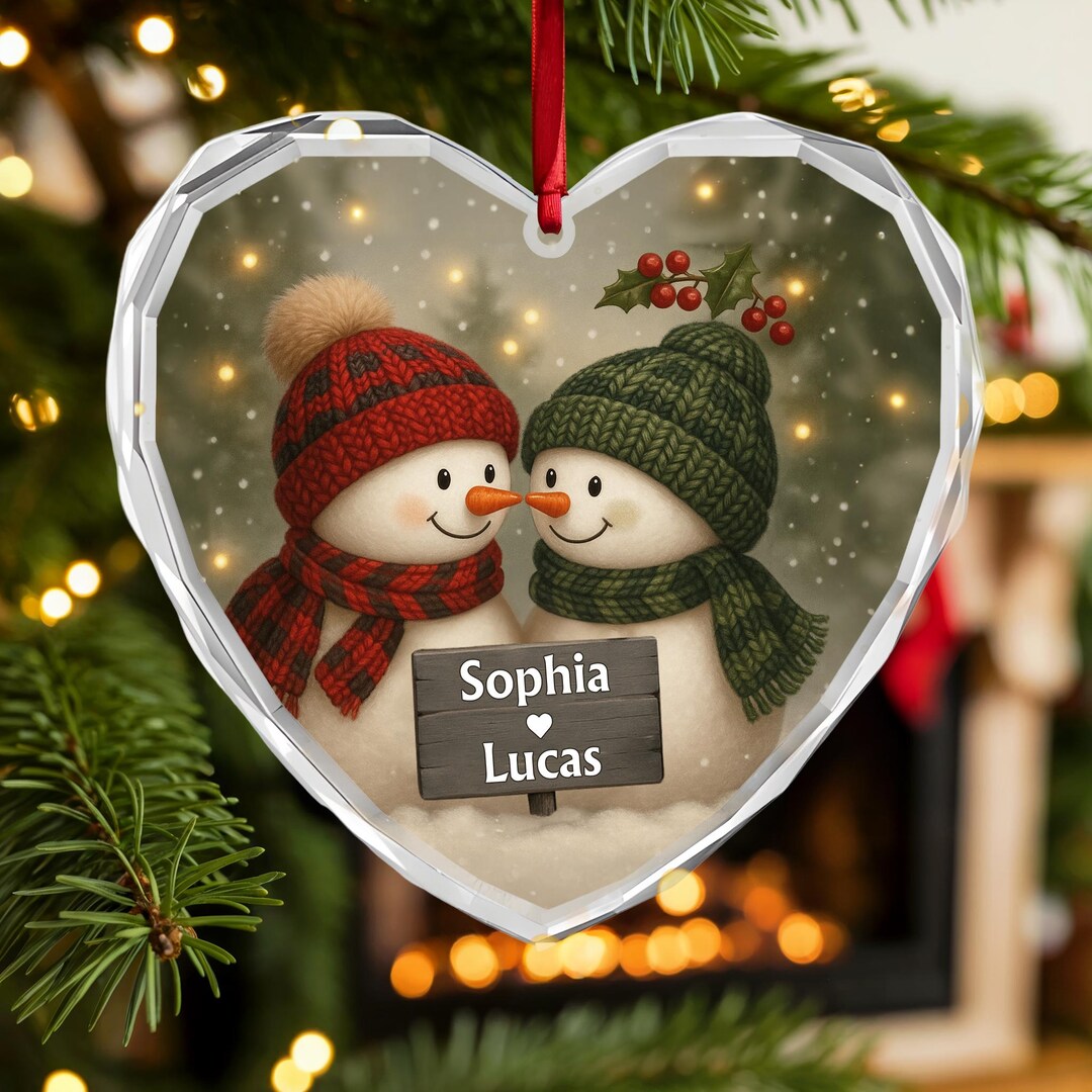 Snowman Couple Heart Glass Ornament, Personalized Christmas Gift for ...