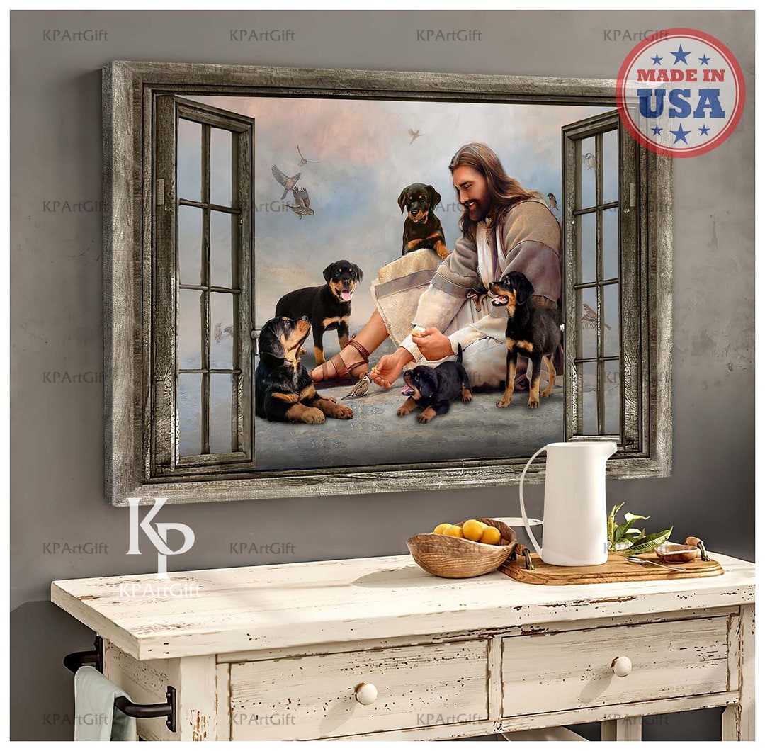 God With Rottweiler Canvas, Jesus With Rottweiler, Rottweiler Dog ...