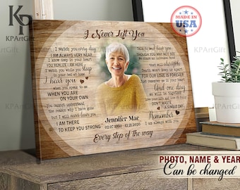 May include: A wooden canvas print with a heart-shaped design and a photo of a woman. The text on the canvas reads "I Never Left You" and includes a poem about love and remembrance. The canvas is decorated with a wood grain pattern and a circle around the photo and poem.