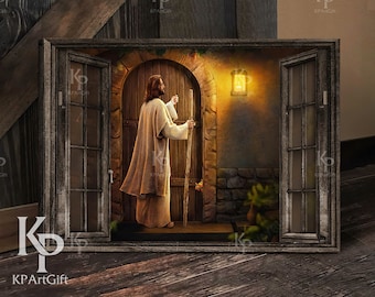 May include: A framed painting of a man in a robe standing in a doorway with a staff in his hand. The doorway is lit by a lantern hanging above it. The painting is set in a wooden frame.