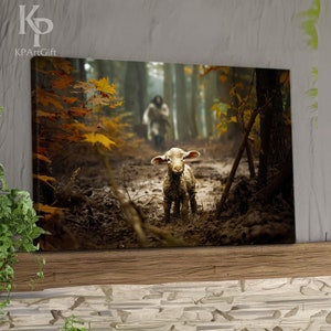Jesus Leaves the 99 Minimalist Beige Abstract Canvas, Shepherd Fine Art Poster Canvas, Bible Oil Painting, Lost Sheep, Christian Faith