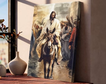 Jesus Riding a Donkey Palm Sunday Wall Art, Holy Week and Easter Christian, Triumphal Entry of Jesus Canvas, Faith Based Art Easter Nb 0290
