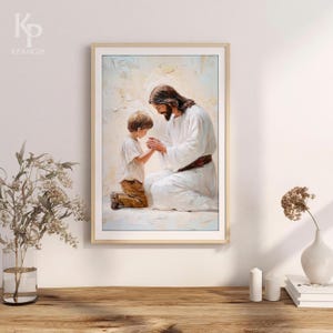 Jesus and Little Boy Praying Digital Art, Christian Art, Jesus with Children, Bible Painting, Jesus and Kids, Inspirational Jesus Artwork