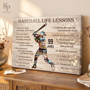 May include: A wooden sign with the text "BASEBALL LIFE LESSONS" and a baseball player silhouette. The player is composed of baseball action photos. The sign includes inspirational quotes about baseball and life.