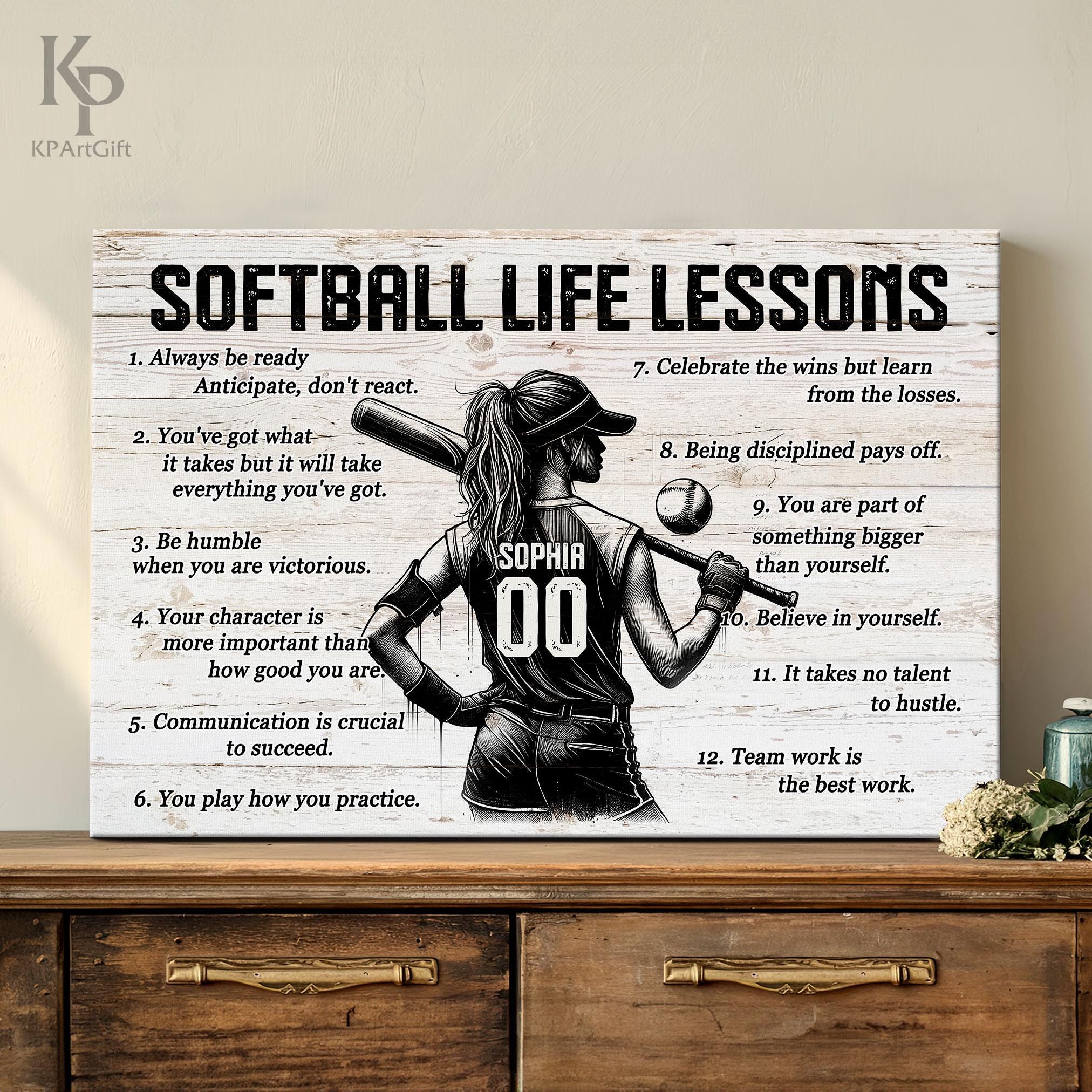Softball Lessons Frame Softball Life Lessons Personalized Canvas, Custom Softball Poster Print ...
