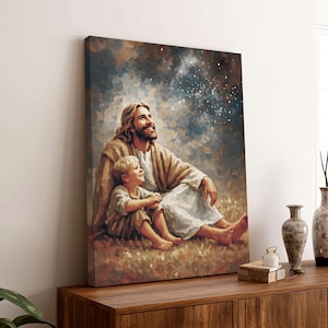 Jesus and Boy Canvas, Christian Faith Watercolor, Jesus Sitting Child, Bible Verse, Magic in the Sky, Christian Jesus and Boy 0504c