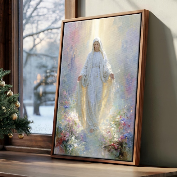 Catholic Wall Art Bundle Mother Mary Set Canvas, Virgin Mary Spiritual Gallery, Modern Christian Home Decor with Bible Verse Luke 1:46 0752