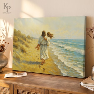 He Carried Me Canvas, Handmade Fine Art Poster, Jesus Christ Portrait, God Wall, Footprints in the Sand, Jesus on the Beach, Faith Hope 0748