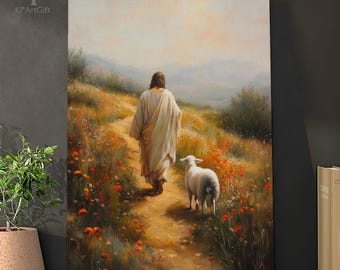 Jesus Leaves the 99 Canvas Art, Inspirational Oil Painting of Jesus and Lamb, Faith-Based Christian Home Decor