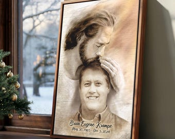 Safe God Hand, Memorial Canvas, Portrait With Jesus, Loss Of Mother Father Son Daughter,Heaven canvas Art, Lost Loved One, Memorial Portrait
