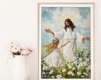 Jesus and Girl Dancing Art, Modern Christian Art, Jesus with Children, Bible Printable, Christian Painting Download, Jesus and Kids Digital