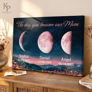 The Day You Became Our Mom Canvas, Pink Moon Phase, Mother&#39;s Day Gift for Mom, Family Birth Moon, Lunar Gift, Starry Night Nursery Nb 0354