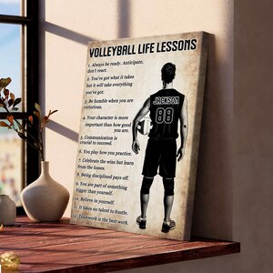May include: A black and white illustration of a volleyball player with the text "Volleyball Life Lessons" and a list of 12 life lessons. The player is wearing a jersey with the number 88 and the name "Jackson" on the back.