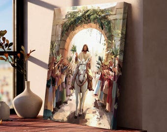 Jesus Riding into Jerusalem Donkey Water Color Painting, Easter Palm Sunday Holy Week, Christian Wall Art Canvas Home Decor Nb 0254