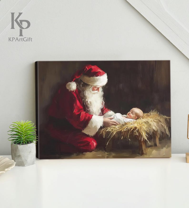 May include: A painting of Santa Claus kneeling beside a baby in a manger. Santa is wearing a red suit with white trim and a white beard. The baby is wearing a white cloth and is lying on a bed of straw.