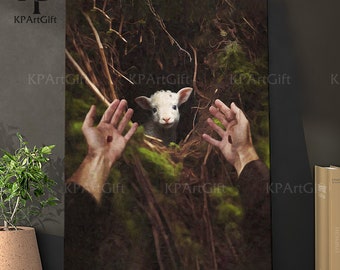 Jesus Rescues Lost Lamb Canvas, Jesus Good Shepherd, Loss Lamb, Jesus Left the 99 To Rescue one, Lost Sheep, Jesus Leaves the 99 Art Canvas