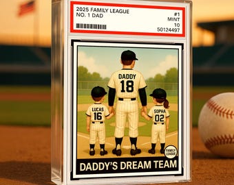 Personalized Daddy’s Dream Team Baseball Plaque – No.1 Dad & Kids Trading Card Style Acrylic Block, Father’s Day Gift Husband Dad 0391