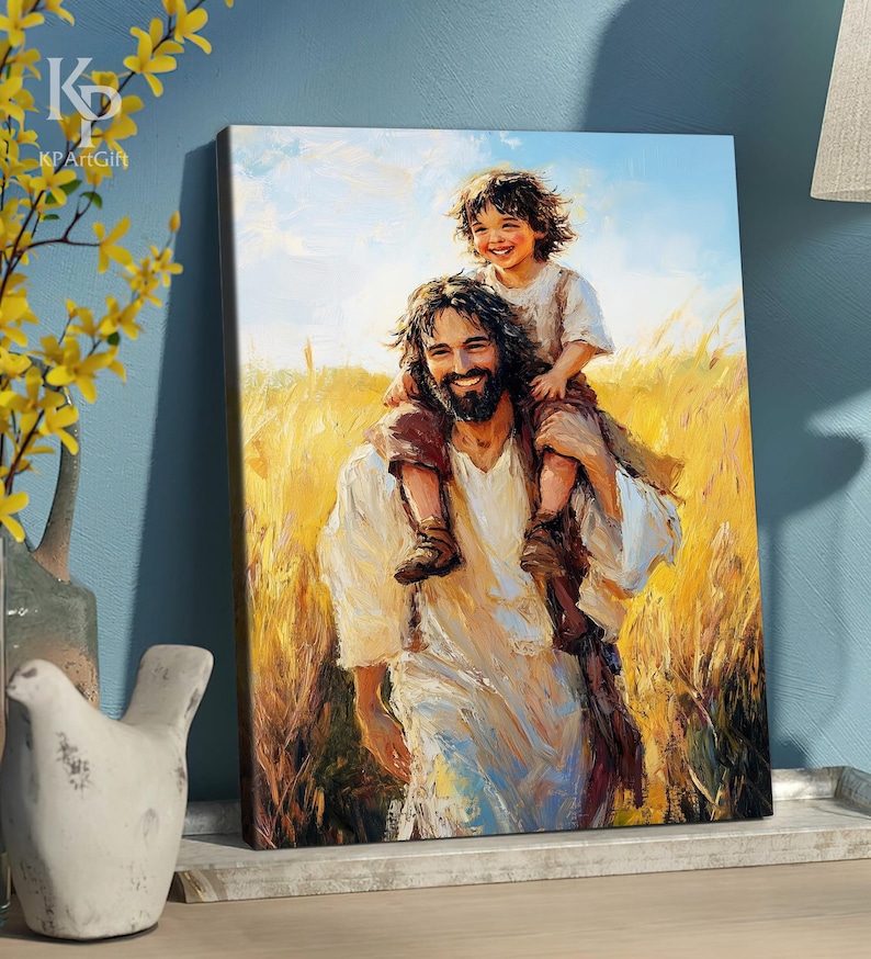 Jesus With Child on Shoulders Canvas, Joyful Christian Art, Jesus and ...