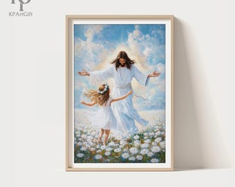 Jesus and Girl Dancing Art, Modern Christian Art, Jesus with Children, Bible Printable, Christian Painting Download, Jesus and Kids Digital