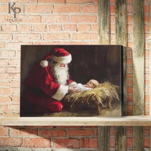 May include: A painting of Santa Claus kneeling beside a manger with a baby Jesus inside. Santa is wearing a red suit with white trim and a white beard. The baby is wearing a white cloth and is lying on straw.