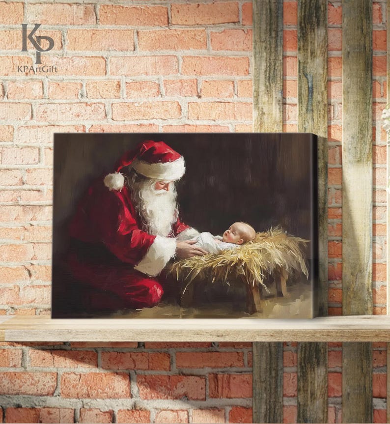 May include: A painting of Santa Claus kneeling beside a manger with a baby Jesus inside. Santa is wearing a red suit with white trim and a white beard. The baby is wearing a white cloth and is lying on straw.