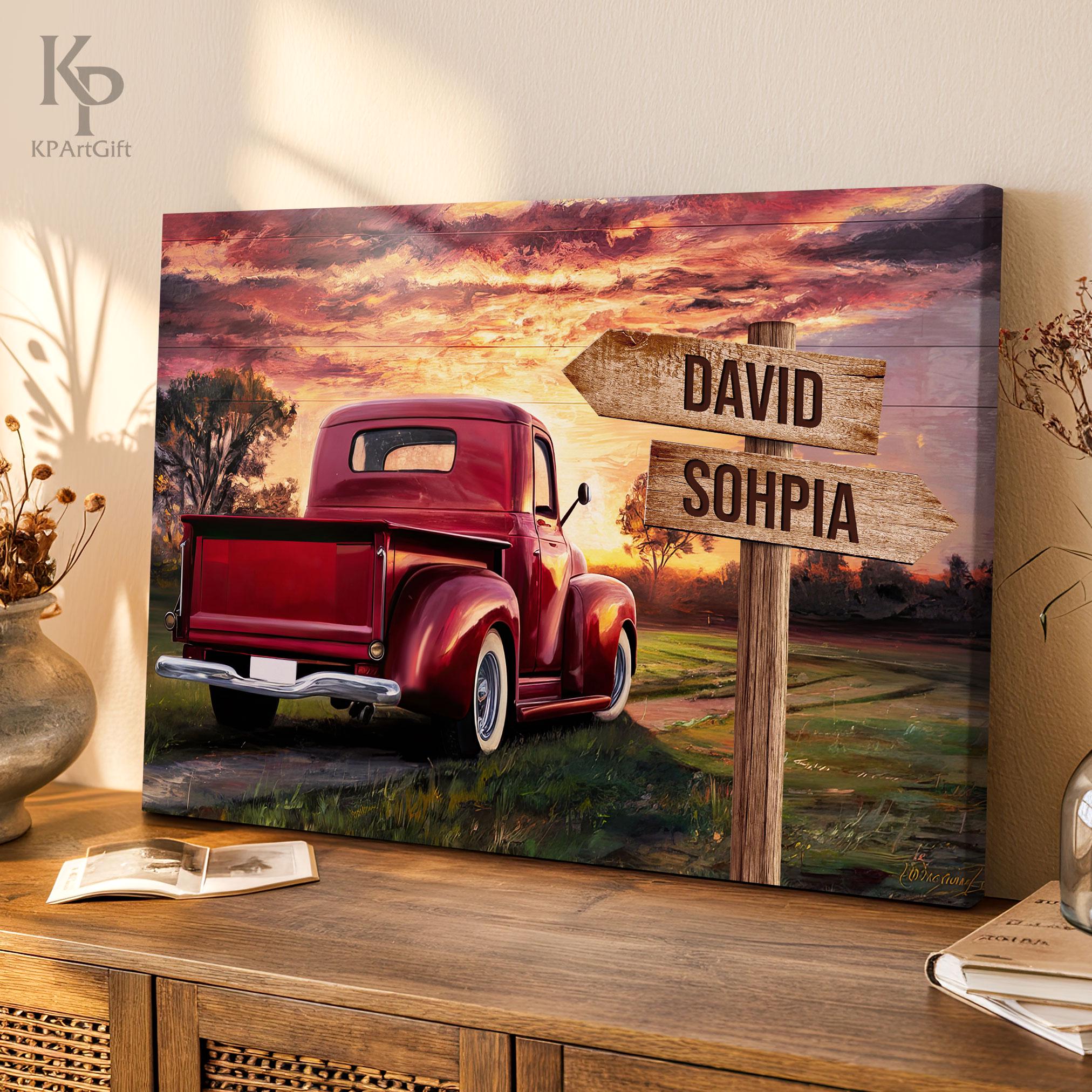 Personalized Red Truck Sunset Canvas, Custom Couple Names Wall Art