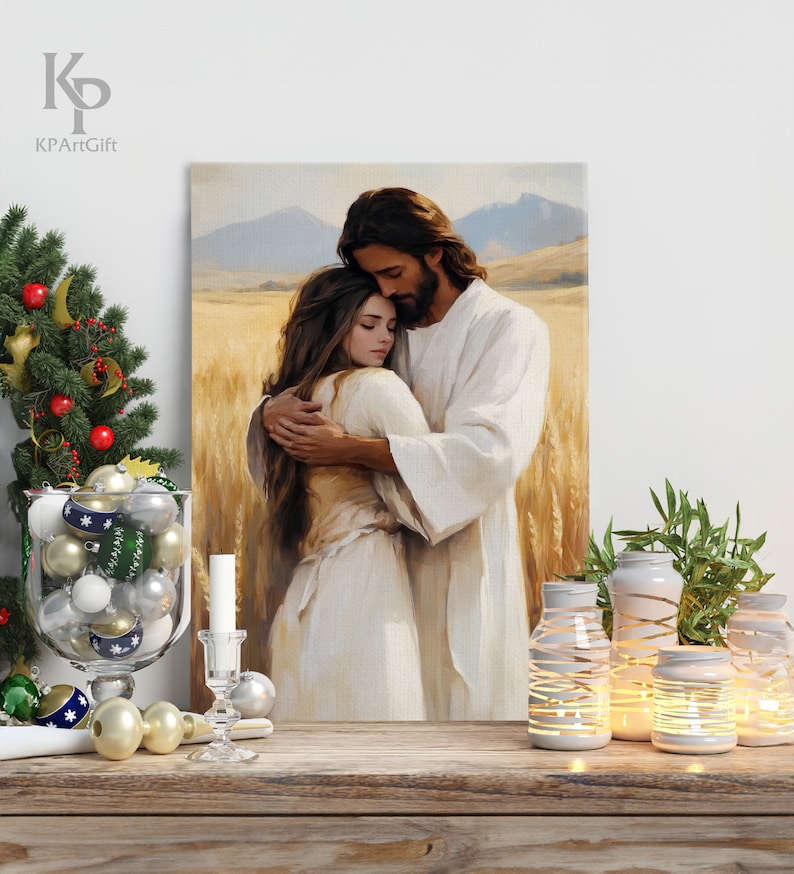 Jesus Hugging Girl Canvas, Healing Embrace, Jesus and Woman Art, Modern