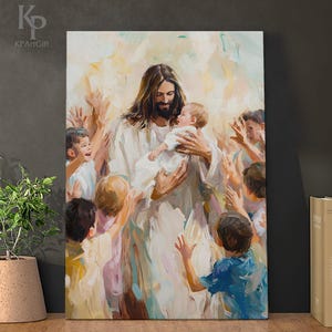 Jesus with Children Canvas, Christian Art of Love, Faith & Protection, Uplifting Wall Decor for Home and Church