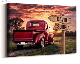 Personalized Red Truck Sunset Canvas, Custom Couple Names Wall Art