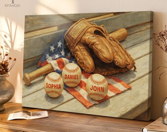 Personalized Baseball Family Canvas, Custom Name Baseball, Vintage Baseball Glove & American Flag, 4th of July Independence Day Gift 0461