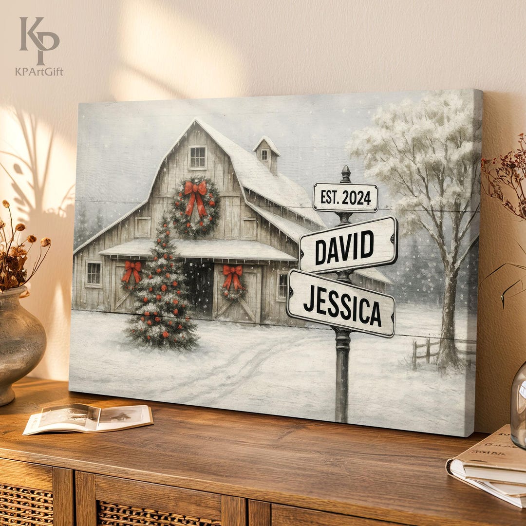 Christmas Barn Farmhouse Personalized Family Name Canvas, Rustic Winter ...