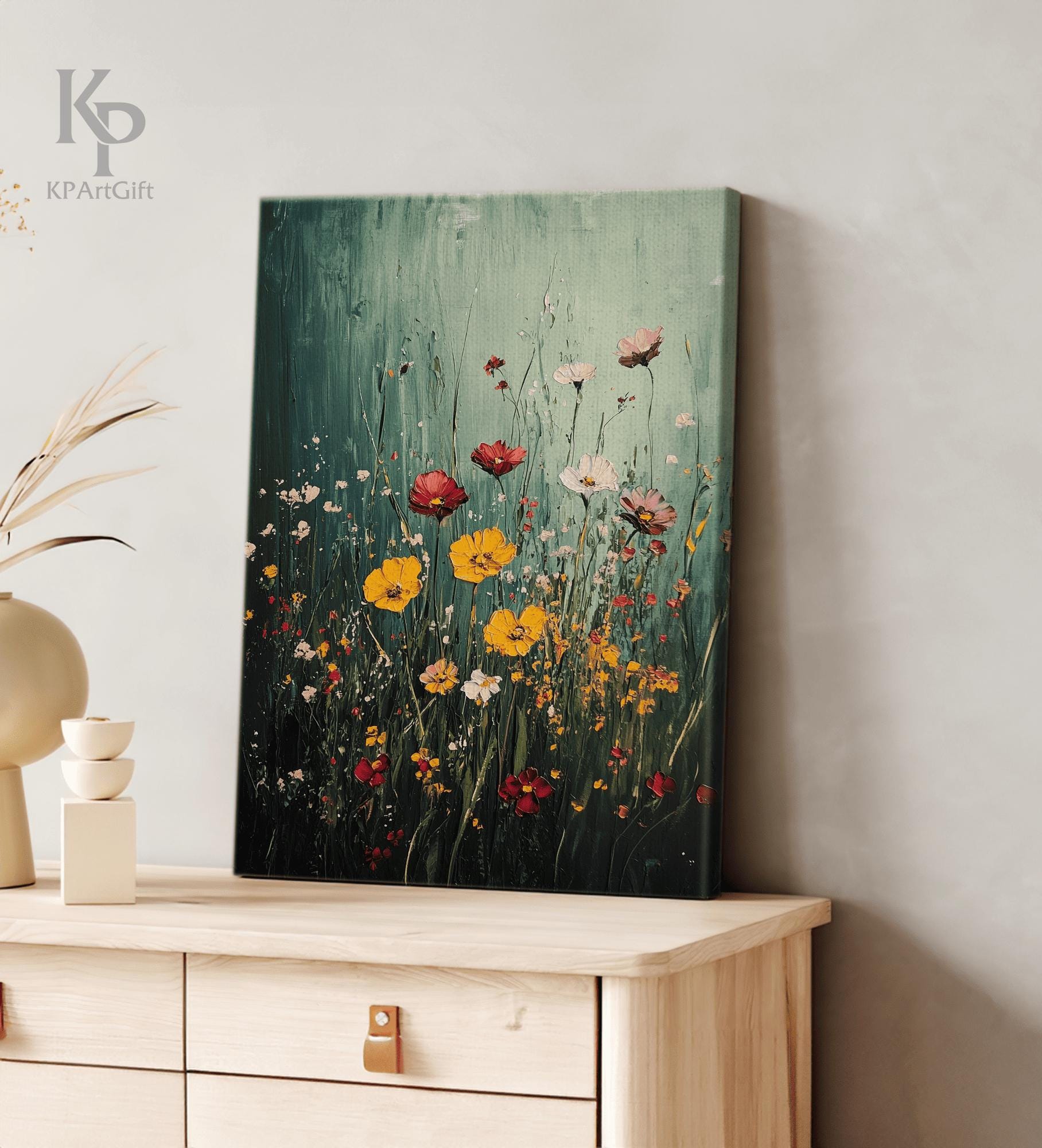 Wildflower Field Framed Wall Art, Vintage Botanical Landscape Canvas ...