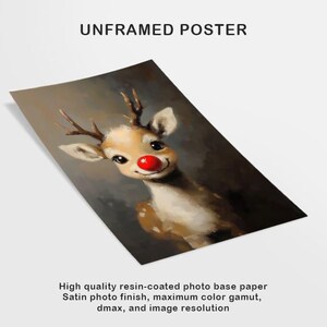 May include: A painting of a cartoon reindeer with a red nose. The reindeer is looking to the right of the image. The background is a dark brown color.
