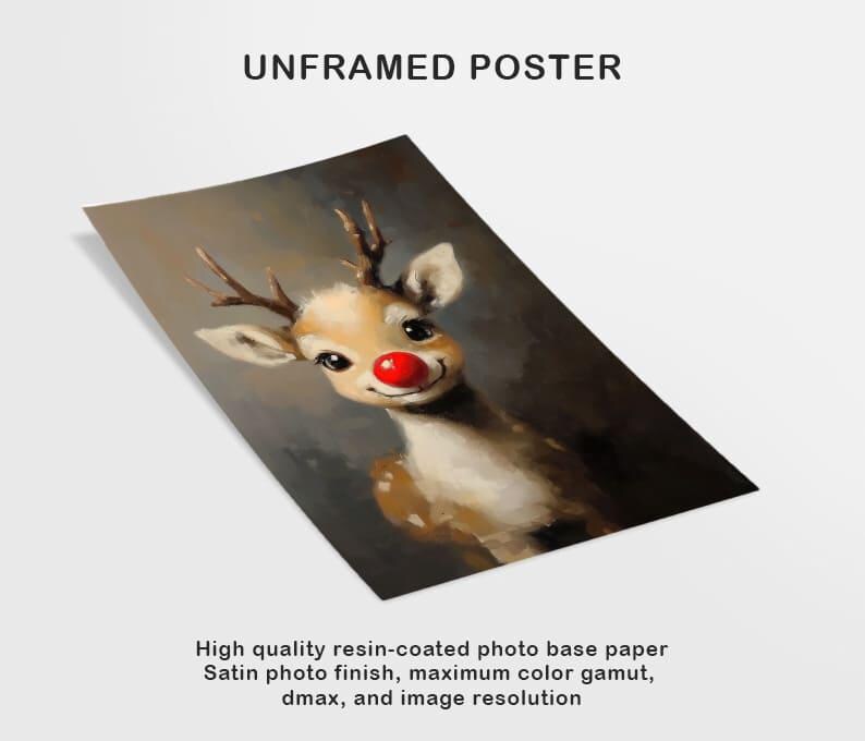 May include: A painting of a cartoon reindeer with a red nose. The reindeer is looking to the right of the image. The background is a dark brown color.