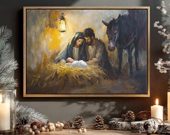 Nativity Scene Canvas Wall Art, Jesus in the Manger, Farmhouse Christmas Decor, Christian Holiday Artwork, Ready to Hang