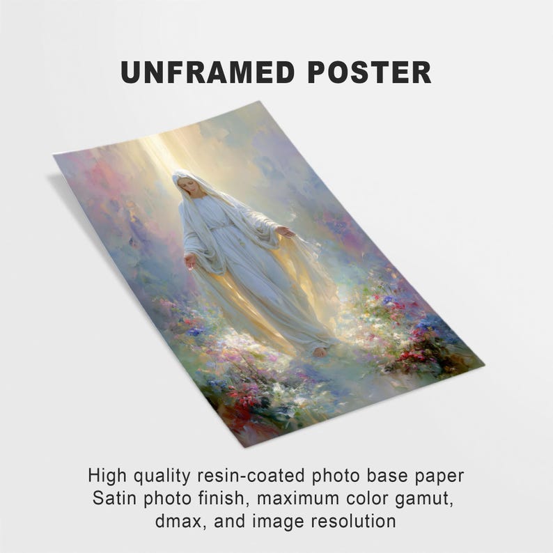 May include: An unframed poster featuring a painting of a figure in a white robe, bathed in light. The artwork has a soft, ethereal quality with pastel colors and floral elements. The text "UNFRAMED POSTER" is at the top.