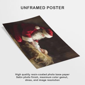 May include: A painting of Santa Claus kneeling beside a baby in a manger. Santa is wearing a red suit with white trim and a white beard. The baby is wrapped in white cloth and lying on straw.