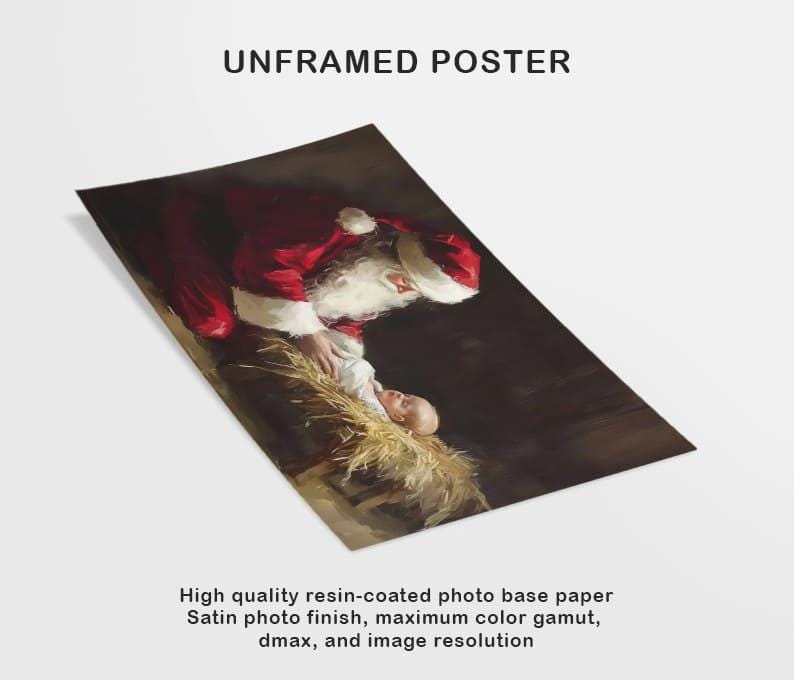 May include: A painting of Santa Claus kneeling beside a baby in a manger. Santa is wearing a red suit with white trim and a white beard. The baby is wrapped in white cloth and lying on straw.