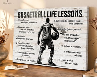 May include: A canvas print featuring a basketball player illustration with the text "Basketball Life Lessons." The artwork is in black and white, set against a white, wood-grain background. The print includes motivational quotes about teamwork and self-belief.