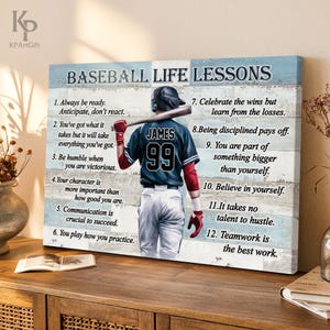 May include: A baseball-themed canvas print featuring a baseball player with the text "BASEBALL LIFE LESSONS." The player is wearing a blue jersey with the name "JAMES" and the number "99." The print includes inspirational quotes.