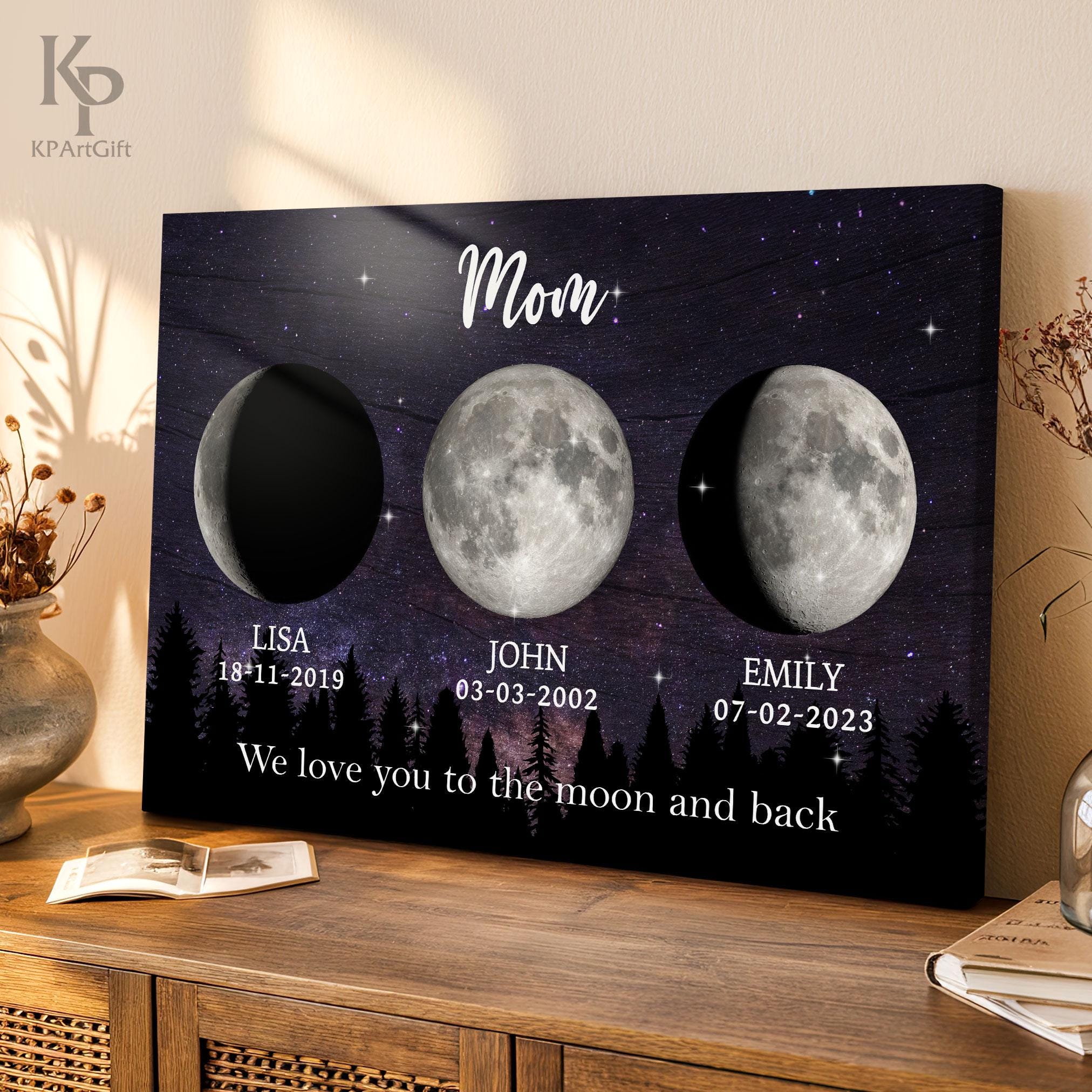 Personalized Moon Phase Canvas – Custom Lunar Gift for Mom, Starry