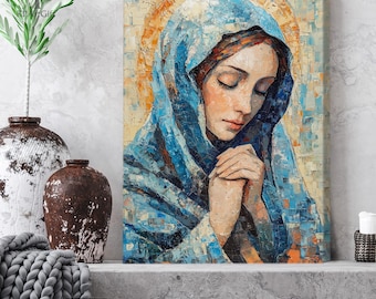 Blessed Virgin Mary in Prayer Canvas, Marian Devotional Art, Christian Faith Wall Decor, Symbol of Peace and Holiness