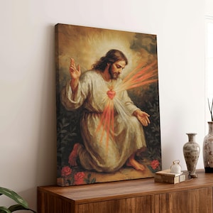 Sacred Heart of Jesus Kneeling Divine Mercy Canvas Art, Catholic Christian Religious Poster, Prayer Room Blessing Gift for Believers 0712