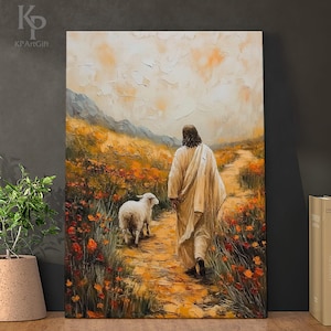 Jesus Leaves the 99 Canvas Wall Art, Inspirational Oil Painting of Jesus and Lamb, Christian Home Decor, Faith-Based Artwork